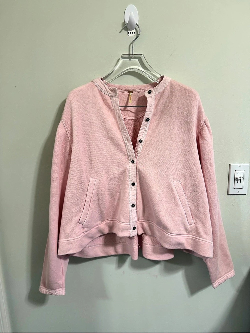 Free People Nomad Cardigan Pink Snap Front Puff Sleeve Sweatshirt Size S